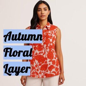 Covington Sleeveless Blouse Burnt Orange Floral Sheer Fall Aesthetic M Petite